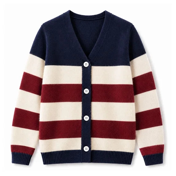 HILEELANG Girls Striped Cardigan Sweater Fall Knit Preppy Cardigan Navy Burgundy Ivory