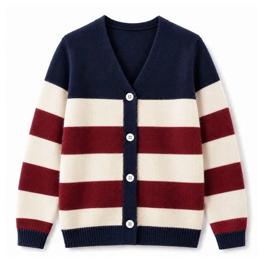HILEELANG Girls Striped Cardigan Sweater Fall Knit Preppy Cardigan Navy Burgundy Ivory