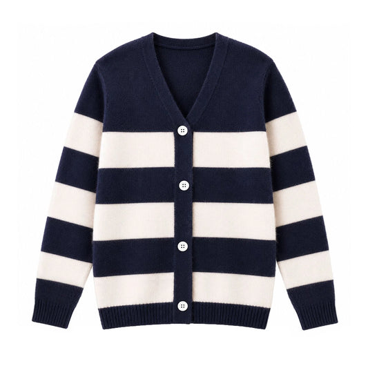 HILEELANG Girls Striped Cardigan Sweater Fall Knit Preppy Cardigan Navy Ivory