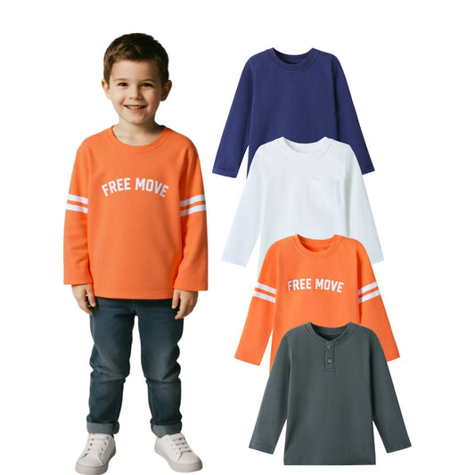 HILEELANG Toddler Boys Long Sleeve T-Shirts (18M–7Y) 4-Pack-Grey/Blue/Yellow/White, Cotton Top Tees