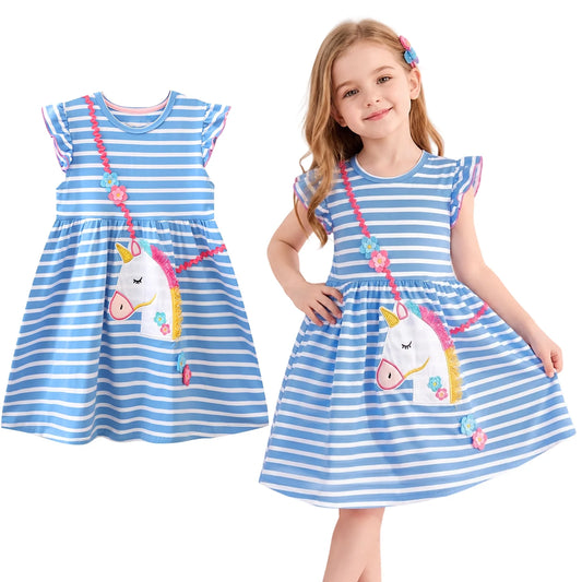 HILEELANG Toddler Girls Cotton Dress Sleeveless Casual Summer Striped Basic Shirt Blue Striped Unicorn Jumpskirt Playwear Dresses