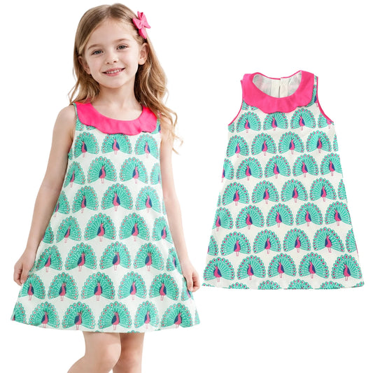 HILEELANG Toddler Girls Cotton Dress Sleeveless Casual Summer Striped Basic Shirt Green Peacock Pattern Jumpskirt Playwear