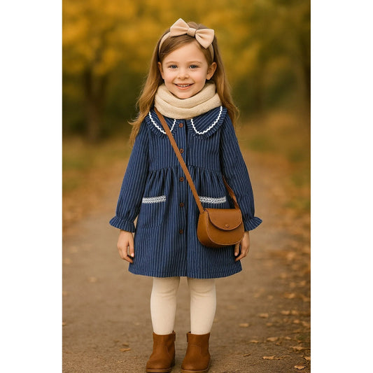 HILEELANG Baby Girls Peter Pan Collar Dress Long Sleeve Cotton Casual Navy Vertical Stripes School Playwear