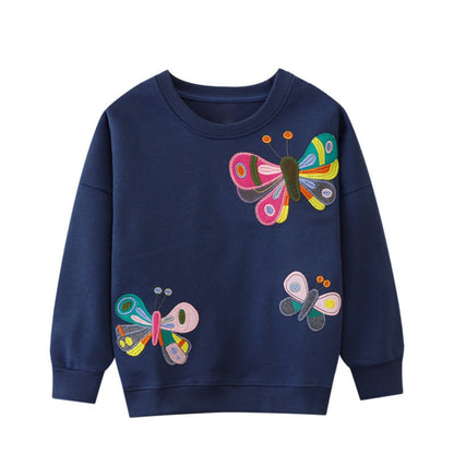 HILEELANG Toddle Girl Sweatshirts Blue Embroidered Butterfly Applique Cotton Casual Crew Neck Long Sleeve Pullover Tops Sweater Shirt