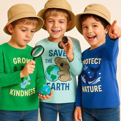 HILEELANG Toddler(2-7Y) Boys' 3-Pack Long Sleeve T-Shirts Cotton Graphic Tees Crewneck Nature & Animal Print Shirts for Kids