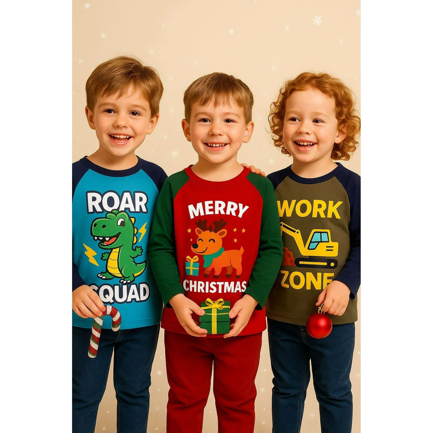 HILEELANG Toddler(2-7Y) Boys Shirt Christmas 3-Pack Elk Dinosaurs Graphic Long-Sleeve Tees Winter Cotton Casual Crewneck T-Shirts