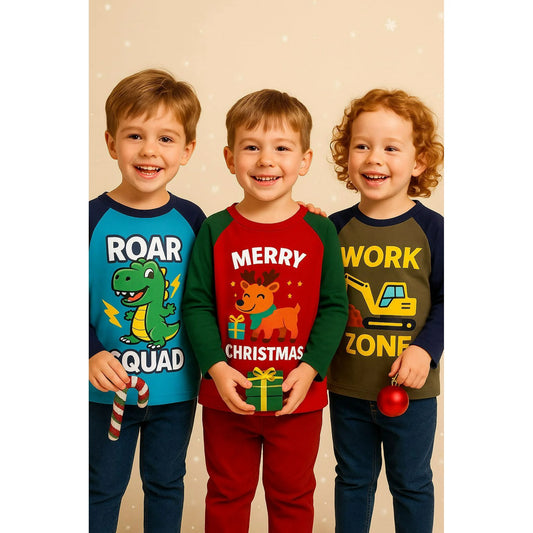 HILEELANG Toddler(2-7Y) Boys Shirt Christmas 3-Pack Elk Dinosaurs Graphic Long-Sleeve Tees Winter Cotton Casual Crewneck T-Shirts