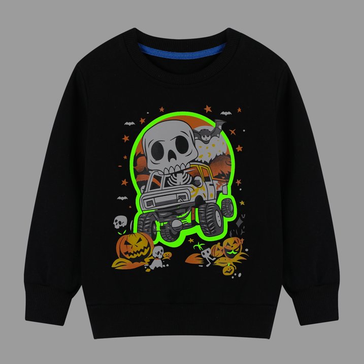 HILEELANG Toddler Boy Black Sweatshirts Halloween Skeleton Pumpkin Graphic Glow in the Dark Crewneck Long Sleeve Pullover Cotton Top Sweater Shirts