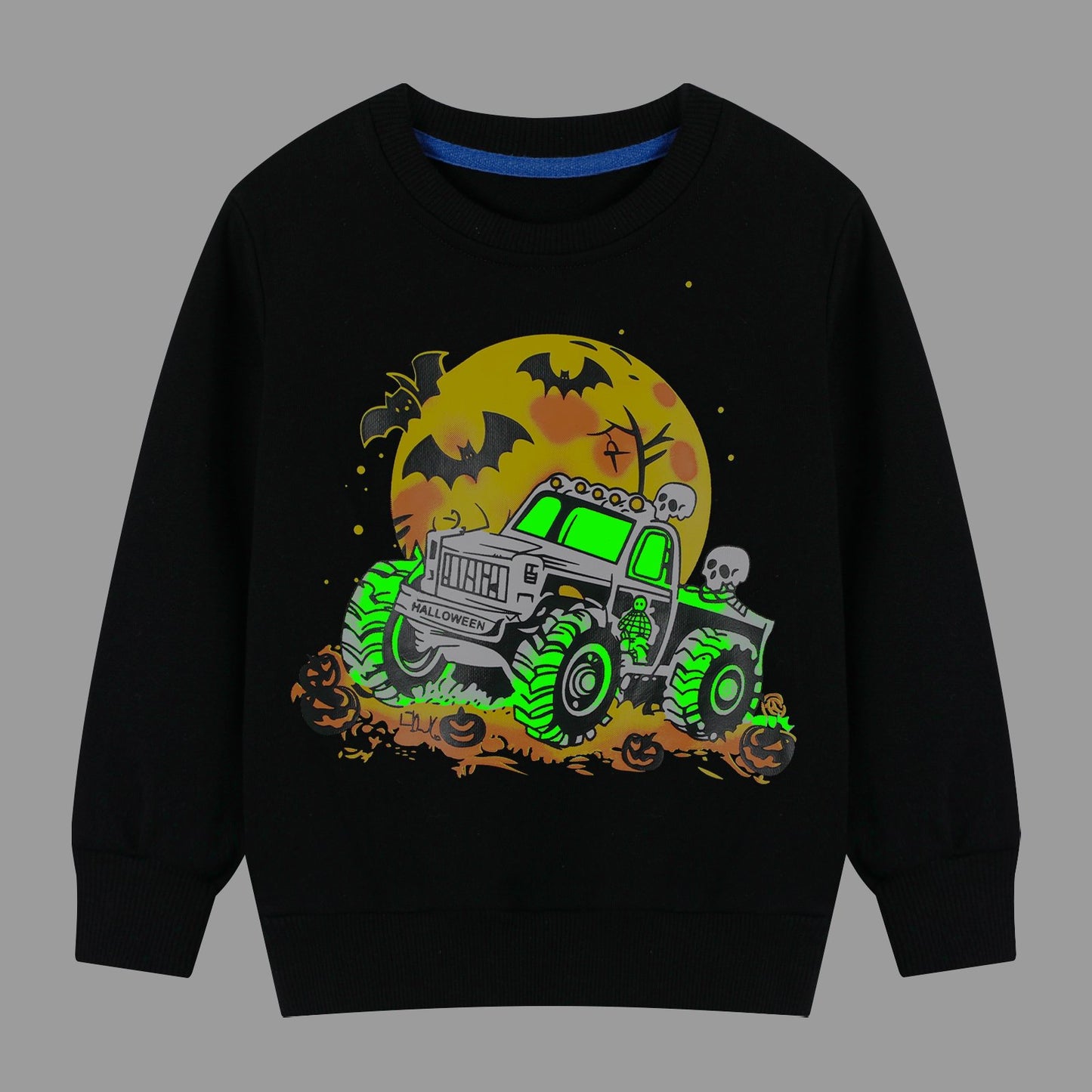 HILEELANG Toddler Boy Black Sweatshirts Halloween Skeleton Truck Graphic Glow in the Dark Crewneck Long Sleeve Pullover Cotton Top Sweater Shirts