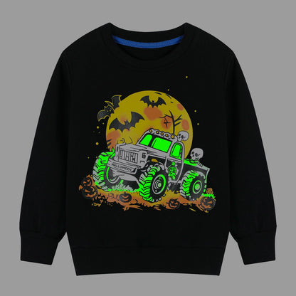 HILEELANG Toddler Boy Black Sweatshirts Halloween Skeleton Truck Graphic Glow in the Dark Crewneck Long Sleeve Pullover Cotton Top Sweater Shirts