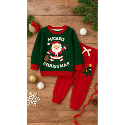 HILEELANG Toddler Boy Christmas Pullover and Sweatpants Set ,2 Piece Cotton with Santa Claus and Christmas Tree Applique, Green Fall Winter Clothes for Kids