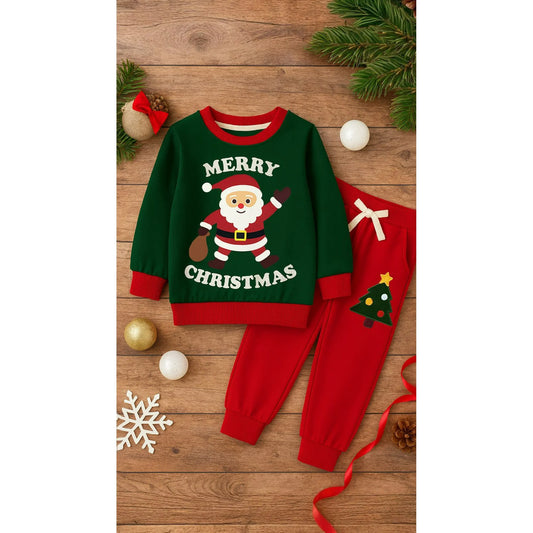 HILEELANG Toddler Boy Christmas Pullover and Sweatpants Set ,2 Piece Cotton with Santa Claus and Christmas Tree Applique, Green Fall Winter Clothes for Kids
