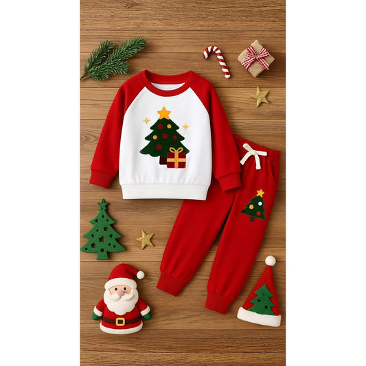 HILEELANG Toddler Boys Christmas Tree Embroidery Sweatshirt and Pants Set, 2 Piece Long Sleeve Outfit for Kids, Cotton Fall Winter Clothes