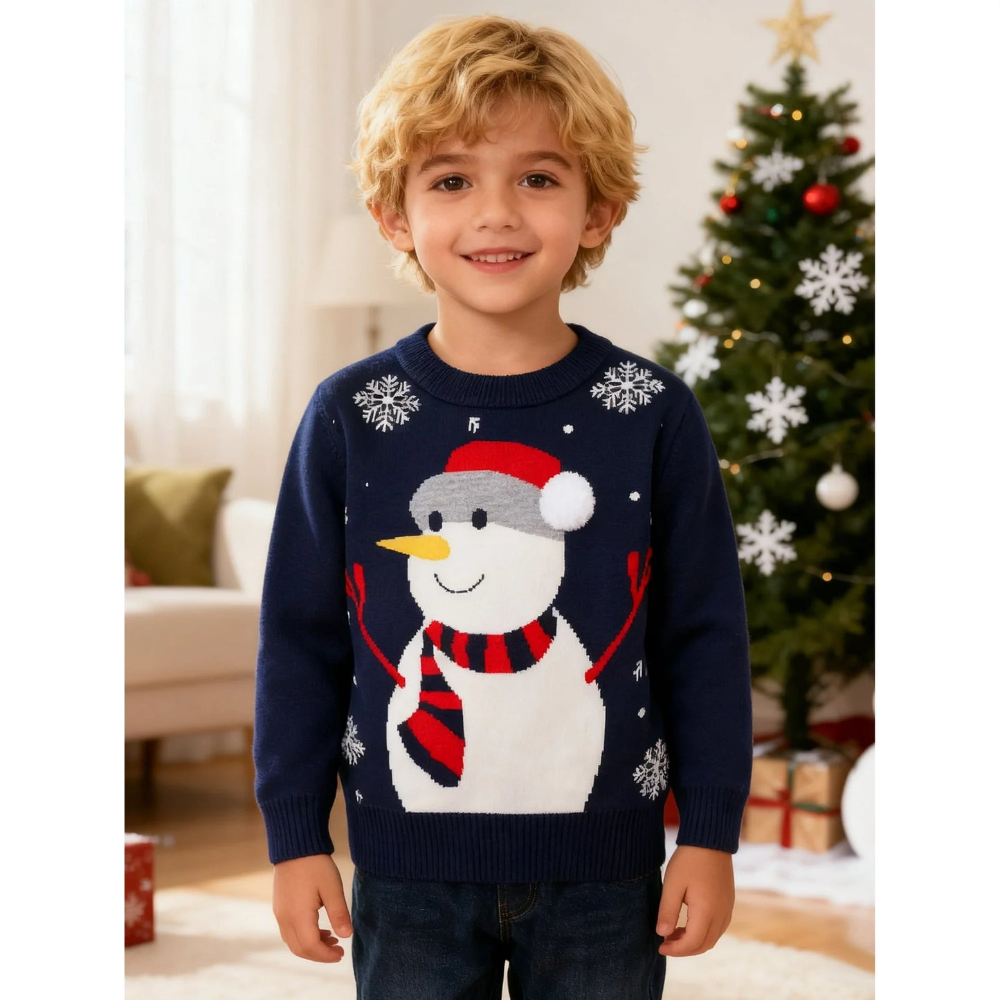 HILEELANG Toddler Boy Girl Christmas Sweater Knite Pullover Xmas Blue Snowman Sweatshirts Tops