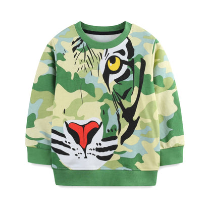 HILEELANG Toddler Boy Long Sleeve Sweatshirts Green Camouflage Tiger Printed Crewneck Pullover Cotton Top Sweater Shirts