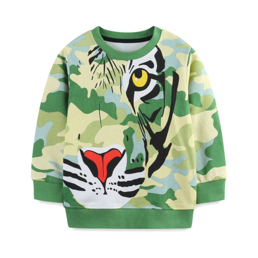 HILEELANG Toddler Boy Long Sleeve Sweatshirts Green Camouflage Tiger Printed Crewneck Pullover Cotton Top Sweater Shirts