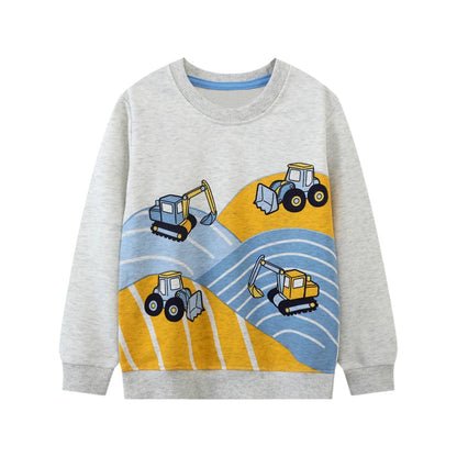 HILEELANG Toddler Boy Long Sleeve Sweatshirts Grey Excavator Graphic Crewneck Pullover Cotton Top Sweater Shirts