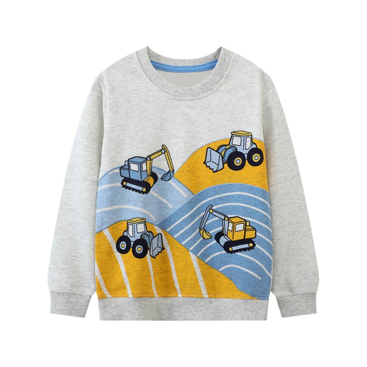HILEELANG Toddler Boy Long Sleeve Sweatshirts Grey Excavator Graphic Crewneck Pullover Cotton Top Sweater Shirts
