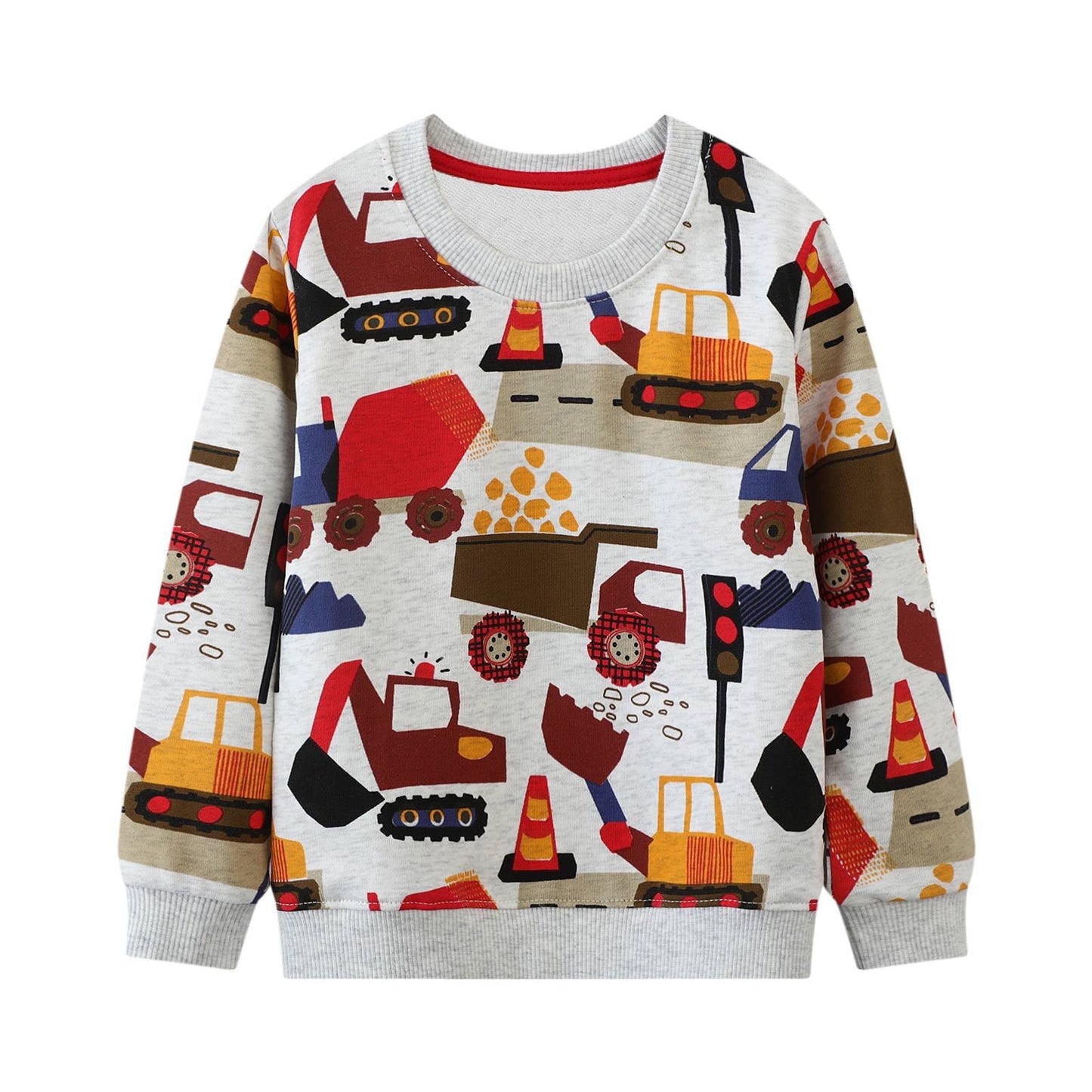 HILEELANG Toddler Boy Long Sleeve Sweatshirts Grey Vehicles Printed Crewneck Pullover Cotton Top Sweater Shirts