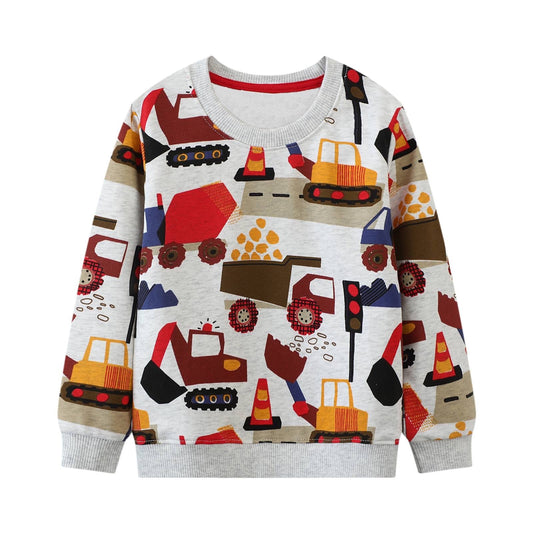 HILEELANG Toddler Boy Long Sleeve Sweatshirts Grey Vehicles Printed Crewneck Pullover Cotton Top Sweater Shirts