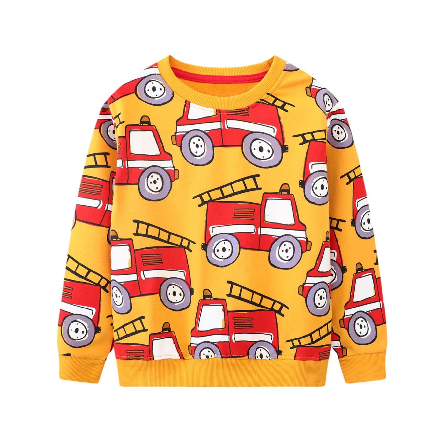 HILEELANG Toddler Boy Long Sleeve Sweatshirts Yellow Vehicles Printed Crewneck Pullover Cotton Top Sweater Shirts