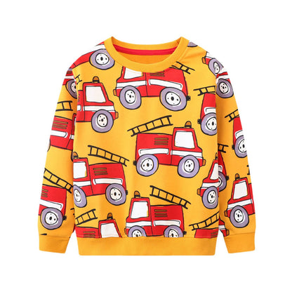 HILEELANG Toddler Boy Long Sleeve Sweatshirts Yellow Vehicles Printed Crewneck Pullover Cotton Top Sweater Shirts