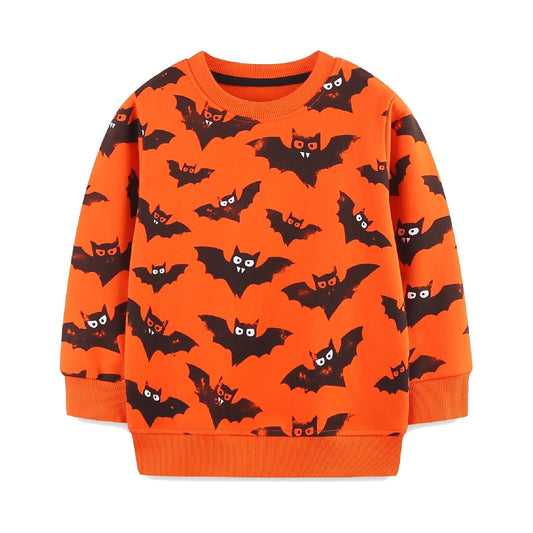 HILEELANG Toddler Boy Orange Sweatshirts Halloween Bat Printed Crewneck Long Sleeve Pullover Cotton Top Sweater Shirts