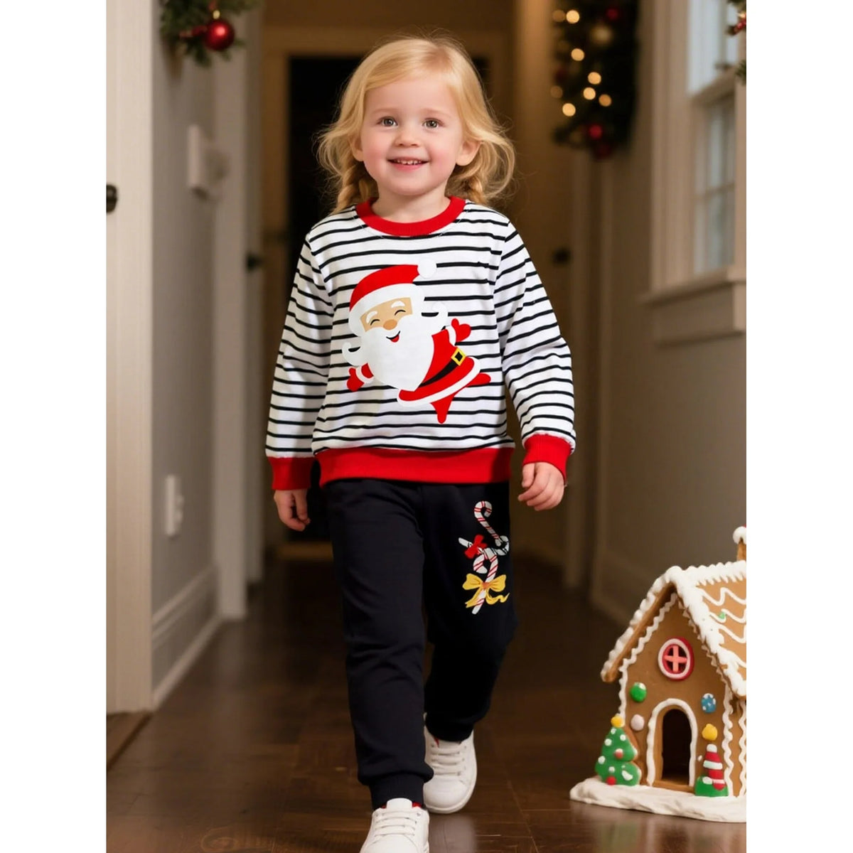HILEELANG Toddler Girls (2-7Y) Pants Set Stripe Santa Claus Sweatshirt Joggers Sweatsuit Winter Playwear Outfits Clothing Sets 2pc