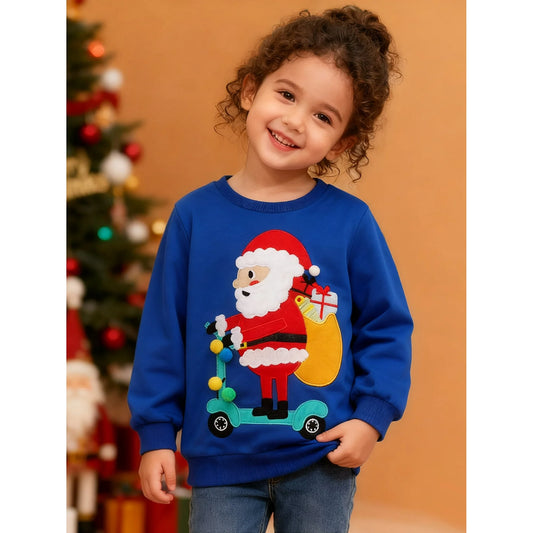 HILEELANG Toddler Boy(2-7Y) Sweatshirts Christmas Royal Blue Santa Claus Applique Pullover Cotton Long Sleeve Top Clothing