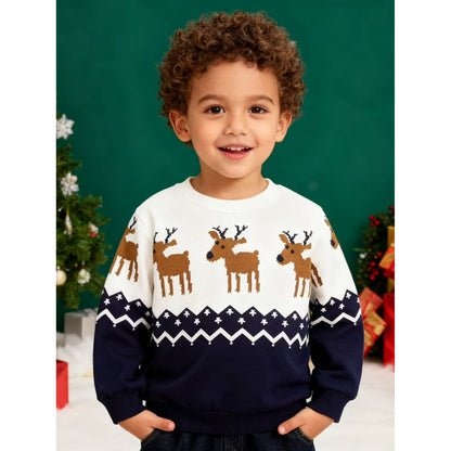 HILEELANG Toddler Boy(2-8Y) Sweatshirts Christmas Navy Blue Graphic Elk Pullover Cotton Crewneck Clothes