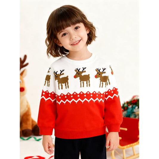 HILEELANG Toddler Boy（2-7Y) Sweatshirts Christmas Red Graphic Elk Pullover Cotton Crewneck Clothes