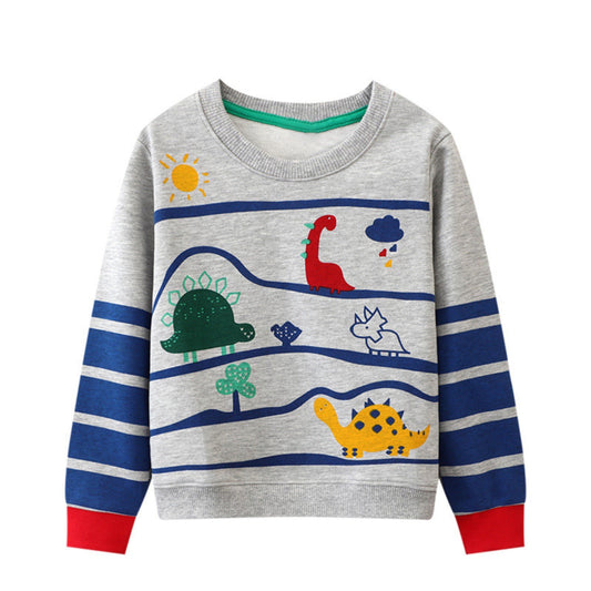 HILEELANG Toddler Boy Sweatshirts Grey Blue Stripe Dinosaur Crewneck Pullover Cotton Autumn Top Clothes