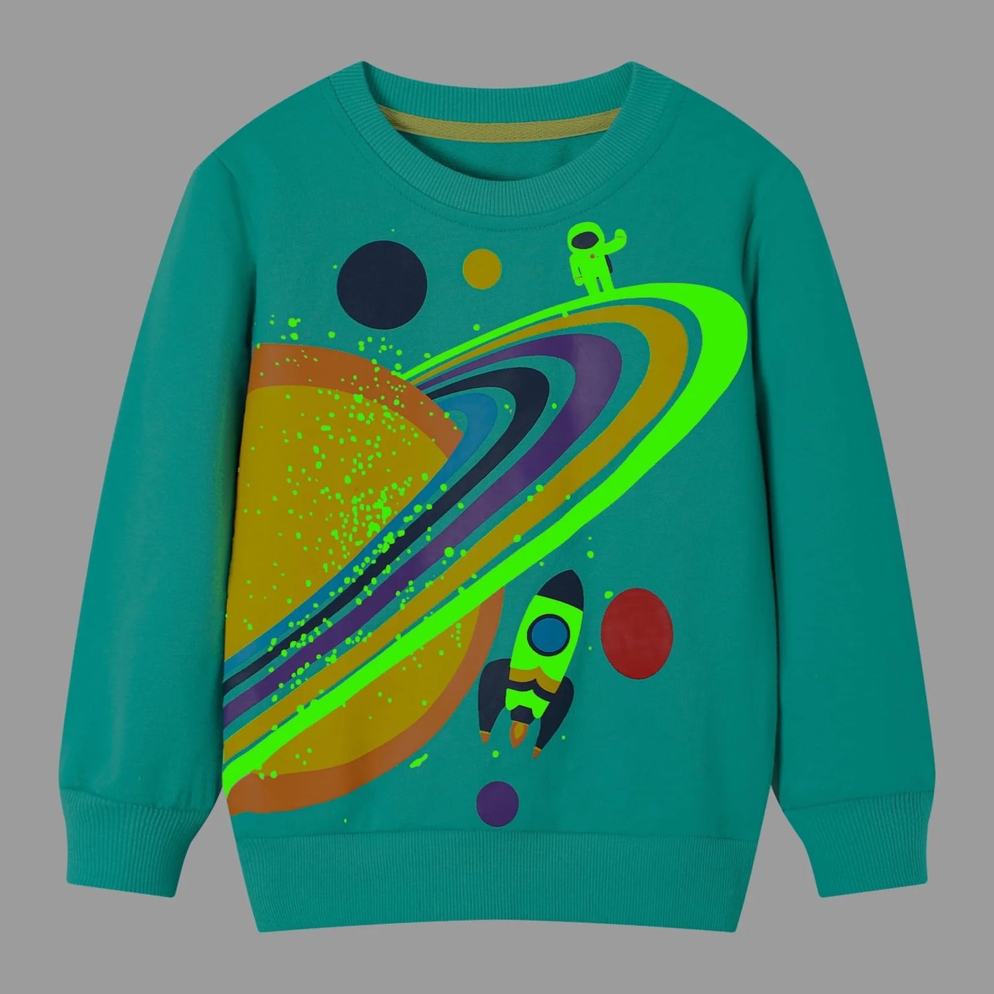 HILEELANG Toddler Boy Sweatshirts Halloween Green Planet Graphic Glow in the Dark Crewneck Long Sleeve Pullover Cotton Top Sweater Shirts