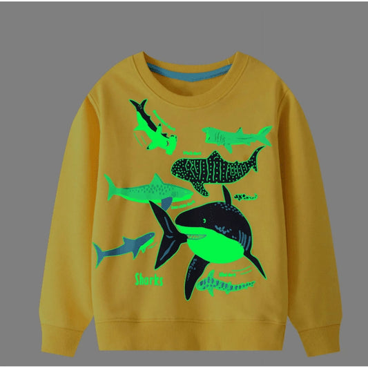 HILEELANG Toddler Boy Sweatshirts Luminous Glow At Night Yellow Fish Pullover Cotton Long Sleeve Top Clothes Shirts
