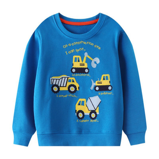 HILEELANG Toddler Boy Sweatshirts Royal Blue Excavator Applique Crewneck Pullover Cotton Winter Top Clothes Shirts