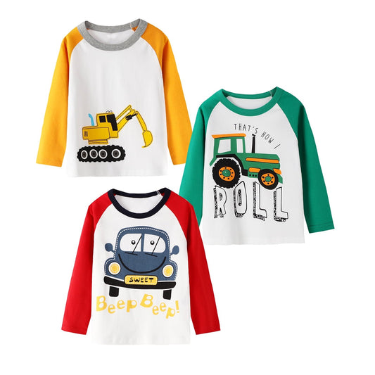 HILEELANG Toddler Boy Tee Raglan Long Sleeve Crewneck T Shirt Blue Red Yellow Cartton Car Winter Christmas Shirt 3 Pack