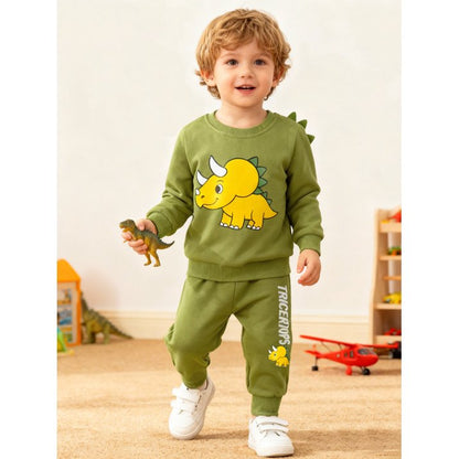 HILEELANG Toddler Boy（2-7Y) 2 Piece Cotton Pullover and Sweatpants Set with Dinosaur Applique, Green Fall Winter Clothes for Kids