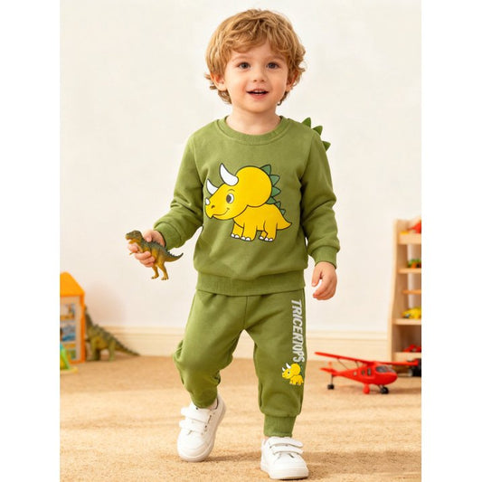 HILEELANG Toddler Boy（2-7Y) 2 Piece Cotton Pullover and Sweatpants Set with Dinosaur Applique, Green Fall Winter Clothes for Kids