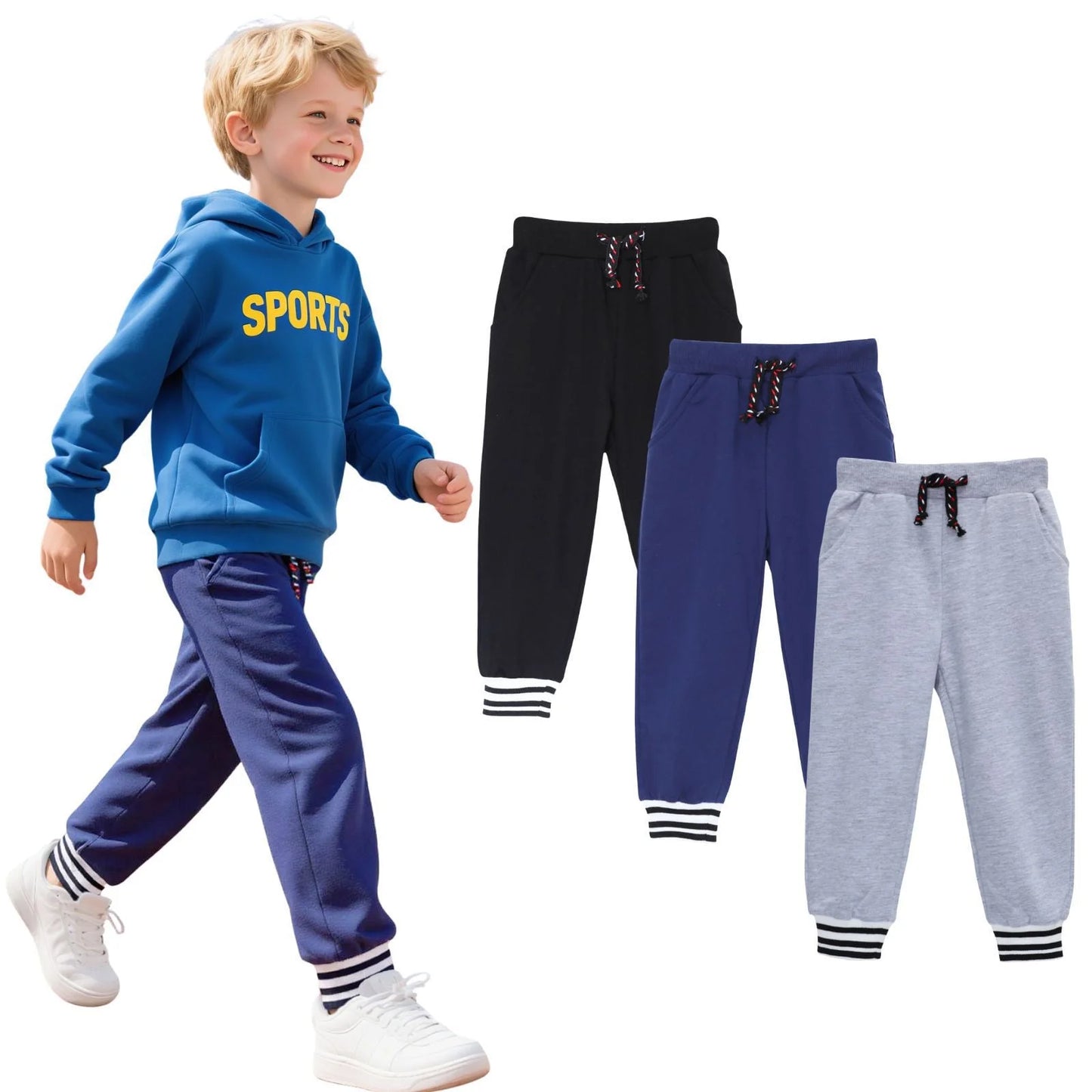 HILEELANG Toddler Boys Jogger Sweatpants 3-Pack, 100% Cotton French Terry Pants with Drawstring and Pockets,colors—black, gray, and navy