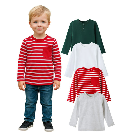 HILEELANG Toddler Boys Long Sleeve T-Shirts (18M–7Y) 4-Pack-Red Stripe Grey Green White Cotton Multipack Tops Tee Shirts
