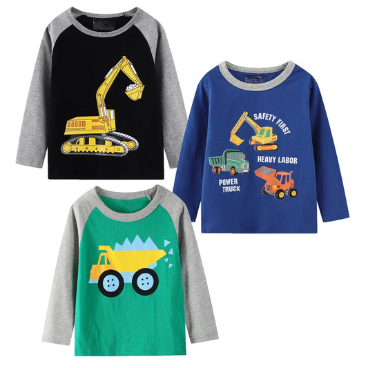 HILEELANG Toddler Boys' Long Sleeve Tee Shirt Christmas Cotton Casual Crewneck Excavator Graphic Tops T-Shirts Yellow Blue 3 Packs