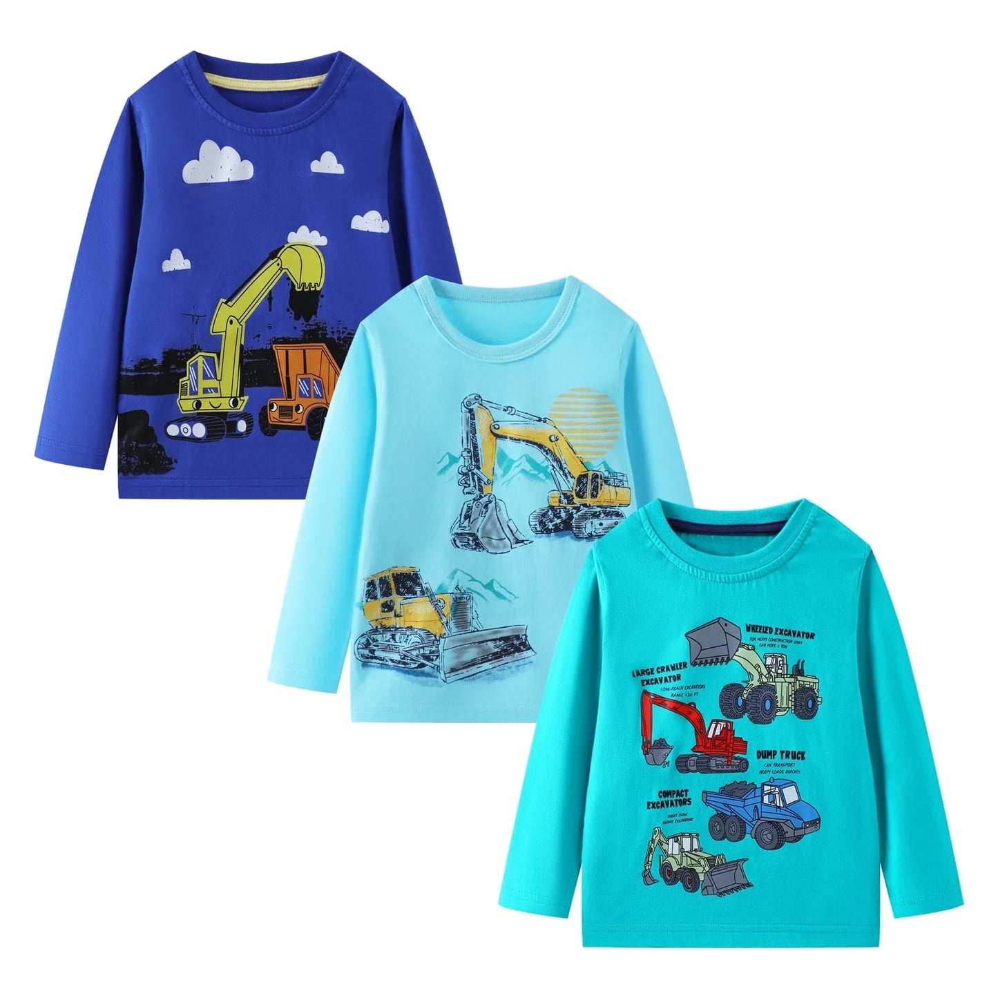 HILEELANG Toddler Boys' Long Sleeve Tee Shirts Cotton Crewneck Blue Excavator Graphic Tops T-Shirts 3 Packs