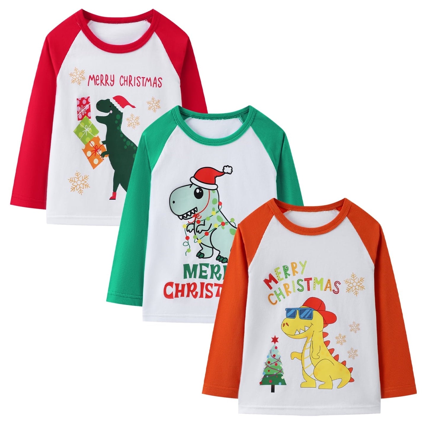 HILEELANG Toddler Boys' Long Sleeve Tee Shirts Cotton Crewneck Red Green Christmas Dinosaur Graphic Tops T-Shirts 3 Packs