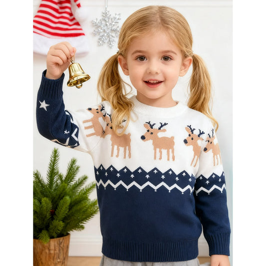 HILEELANG Toddler Boy Girl Sweater Christmas Knit Pullover Crewneck Offer White Blue Christmas Elk Deer Sweatshirts Holiday Sweater
