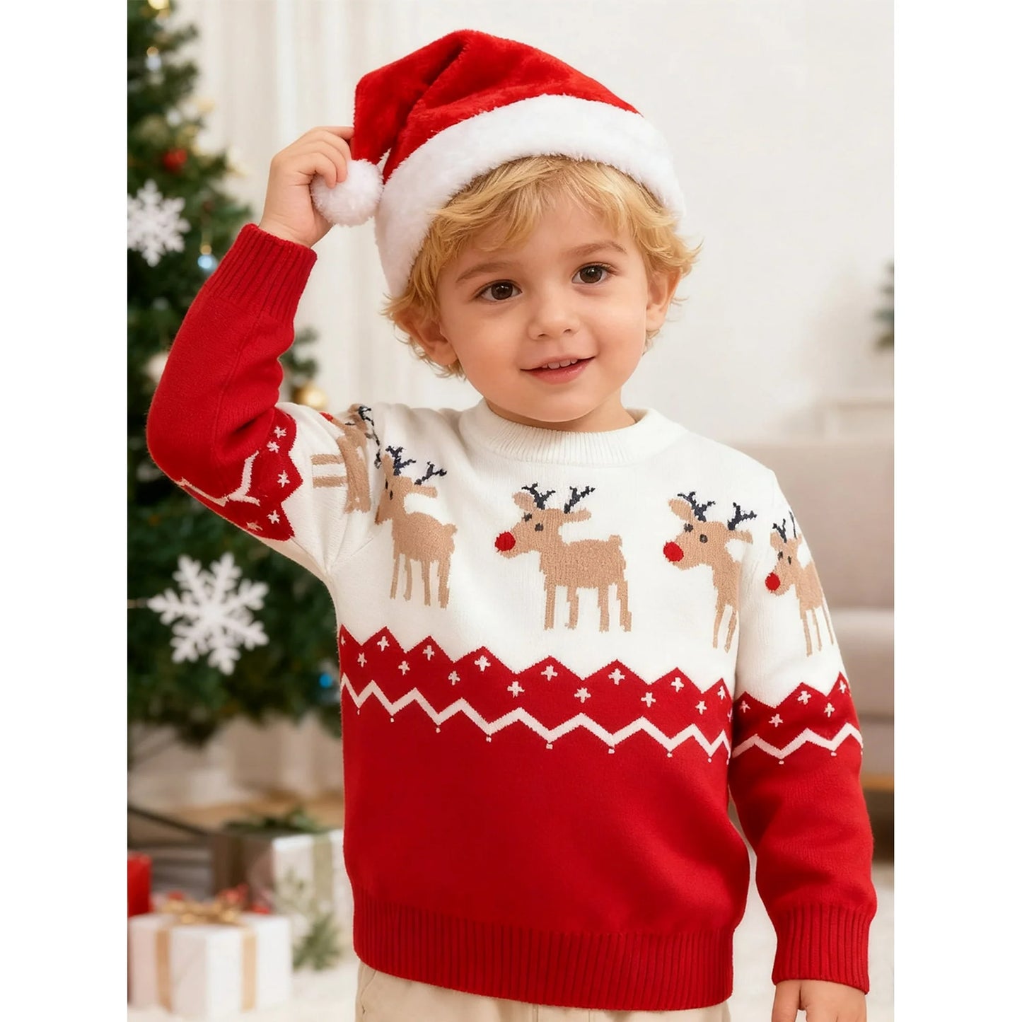 HILEELANG Toddler Boy Girl Sweater Christmas Knit Pullover Crewneck Offer White Red Christmas Elk Deer Sweatshirts Holiday Sweater