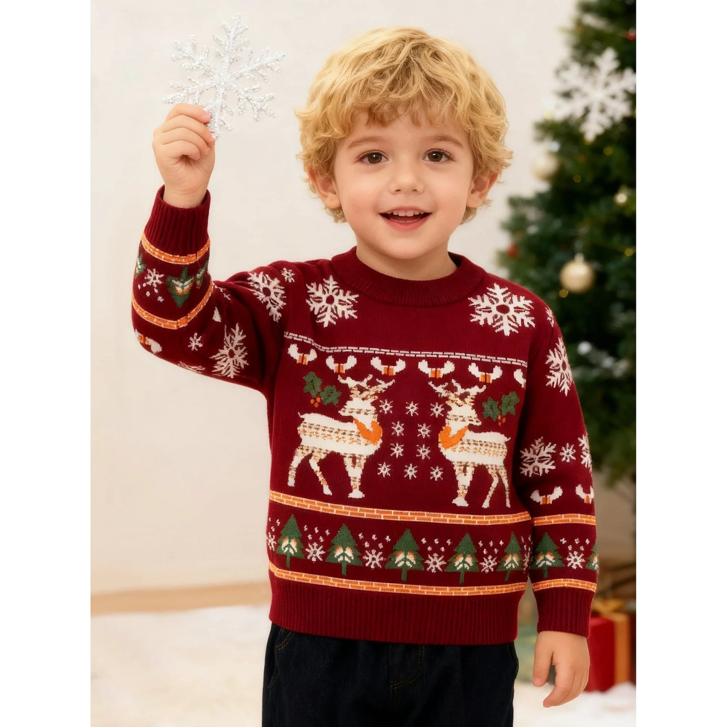 HILEELANG Toddler Boy Girl Christmas Sweater Knit Pullover Crewneck Wine Red Snow Elk Deer Sweatshirts Holiday Sweater