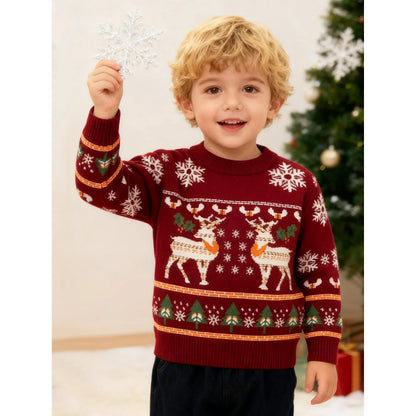 HILEELANG Toddler Boy Girl Christmas Sweater Knit Pullover Crewneck Wine Red Snow Elk Deer Sweatshirts Holiday Sweater