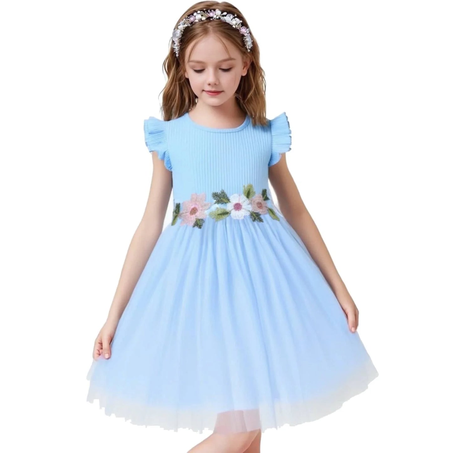 HILEELANG Toddler Little Girls Blue Tulle Dress, Floral Embroidered Flutter Sleeve Summer Party Tutu Dress