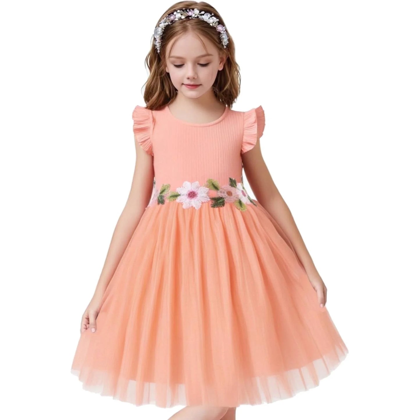 HILEELANG Toddler Little Girls Pink Tulle Dress, Floral Embroidered Flutter Sleeve Summer Birthday Party Dress