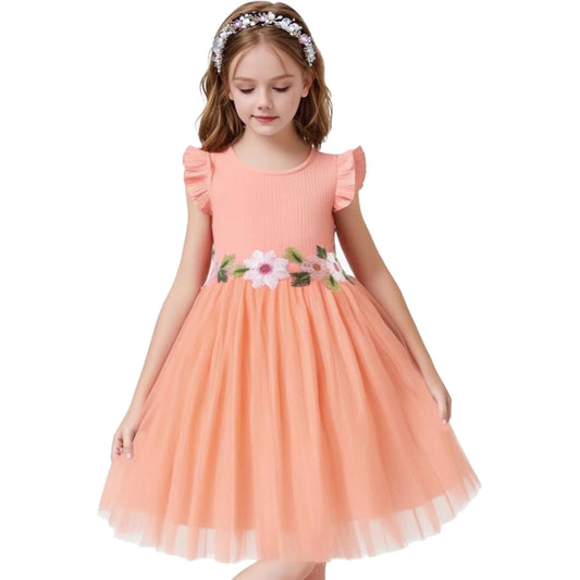 HILEELANG Toddler Little Girls Pink Tulle Dress, Floral Embroidered Flutter Sleeve Summer Birthday Party Dress